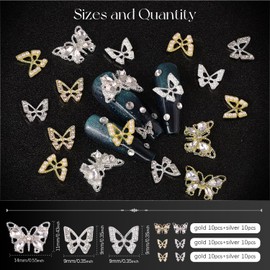 60Pcs 3 Styles 3D Butterfly Nail Charms Set 2, Gold + Silver Shiny Luxury Gems, Crystal Diamond Jewels Studs with Rhinestones for Nail Design, Nail Art Decoration Set for Acrylic Nails
