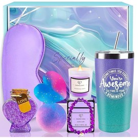 Spa Gift Basket Set for Women Pink Birthday Valentine's Day Gift Basket Box for Her Relaxing Self Care Bath Set with Tumbler Cup for Mom Wife Girlfriend Sisters Friends Graduation Gift Ideas scent relaxation Scented Calming - Color: Purple and Blue