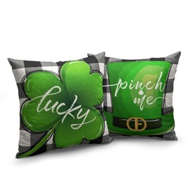 Wnoesat Buffalo Plaid St Patricks Day Pillow Covers 18x18 Set of 2 Lucky Charm Shamrock Clover Hat Throw Pillow Case St Patricks Day Farmhouse Spring Decorative Cushion Case for Outdoor Couch Patio