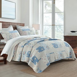 DDUOXIN Oversized Queen Quilt (102"x120") - 100% Cotton Reversible Quilted Bedspread with 2 Pillow Shams, Farmhouse Floral Lightweight Bedspreads Coverlet Sets, Blue/Cream White