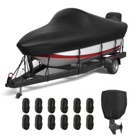 MOFCOVER 17-19ft Boat Cover, 600D Oxford Heavy-Duty Waterproof Boat Cover for V-Hull, Fishing, Bass Boat with 12 Tie-Down Straps, 2-in-1 Storage Bag, Motor Cover - Black
