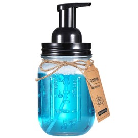 Amolliar Mason Jar Foaming Soap Dispenser, Plastic Pump Rustproof Stainless Steel Lid, Waterproof Label, Rustic Farmhouse Decor Hand Soap Dispenser, Dish Soap for Bathroom, Kitchen, Bath, Black 2 Pack