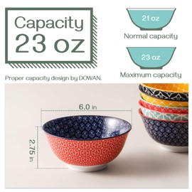 DOWAN Soup Bowls Set of 6, 23 OZ Cereal Bowls for Kitchen, Ceramic Colorful Bowl for Ramen, Salad, Dessert, Snack, Housewarming Gift, Dishwasher & Microwave Safe