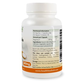 Epsom Salts (Magnesium Sulphate) 600mg x 80 Capsules (100% Additive Free Supplements)