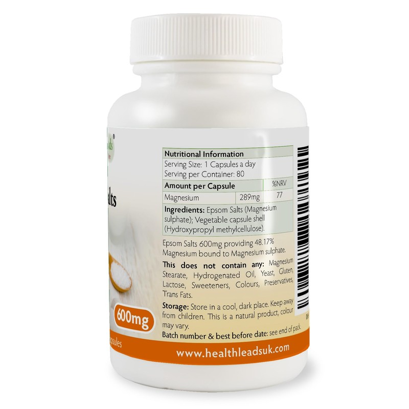 Epsom Salts (Magnesium Sulphate) 600mg x 80 Capsules (100% Additive