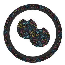 Choose Your Weapon Gamer Steering Wheel Cover with 2 Car Coasters Non Slip Neoprene for Women Men Universal 15 Inch Stylish and Practical Set