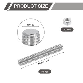 sourcing map 1/4"-20 Fully All Threaded Rod, 10 Pcs 304 Stainless Steel Long Threaded Screw 1.8" Length Right Hand Threads for Furniture Mounting Assembly Fastening
