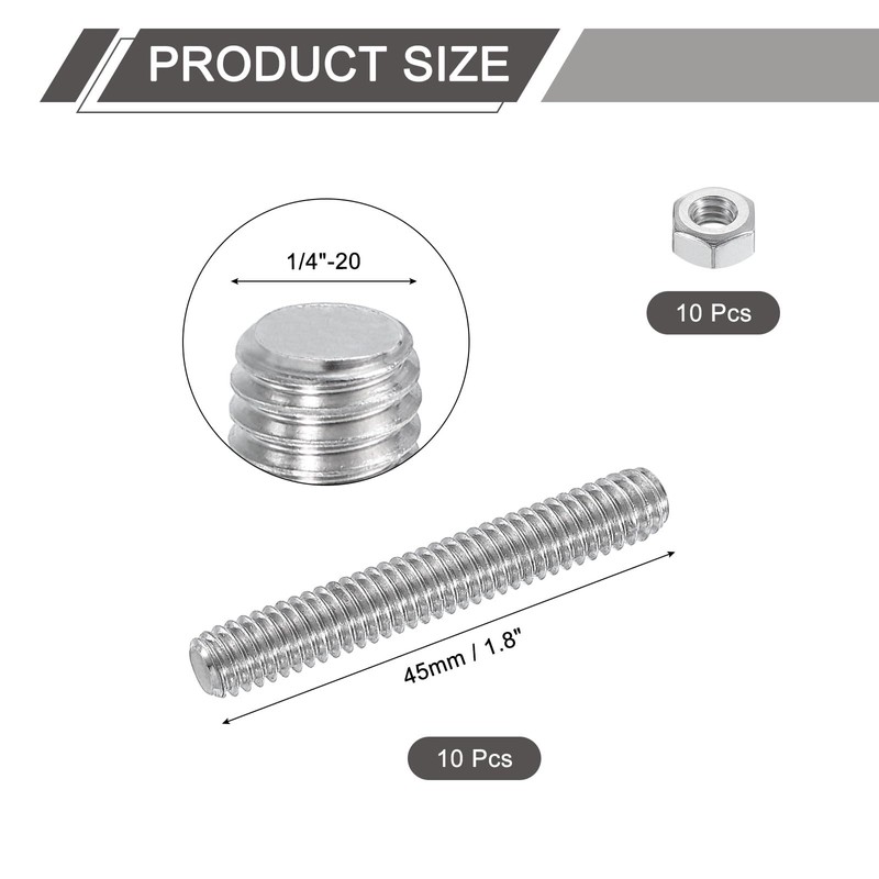 sourcing map 1/4"-20 Fully All Threaded Rod, 10 Pcs 304