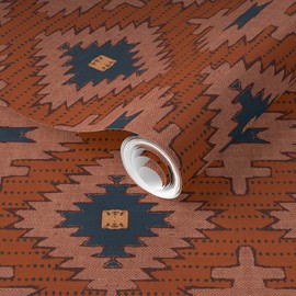 Removable Wallpaper 9ft x 2ft - Southwestern Rust Red Geometric Boho Bohemian Vintage Style Kilim Custom Pre-Pasted Wallpaper by Spoonflower