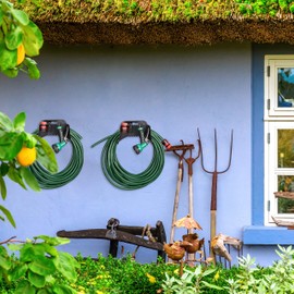 Relaxdays Hose Holder, Set of 2, Plastic Wall Hose Holder for Garden Hose, H x W x D: 15 x 24 x 17 cm, Black