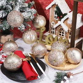 Syhood 12 Pieces Glitter Christmas Ball Ornaments Rhinestone Sequin Christmas Ball Decorations Hanging Plastic Balls for Xmas Trees Wedding Party Holiday Decorations (Champagne Gold,3.15 Inch)