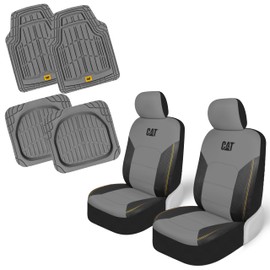 CAT PU Leather Seat Covers for Cars – (2) Front Seat Covers with (4) All-Weather Heavy-Duty Floor Mats for Trucks, Cars, & SUVs Combo Set – Car Interior Protection Liners for Car Seats and Floors