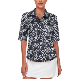 Misyula Golf Shirts for Women Plus Size, Half Sleeve Quarter Zip Polo Ladies Fast Dry Loose Fit Sun Protection Tennis Athletic Casual Tops,White-Leaf,2XL