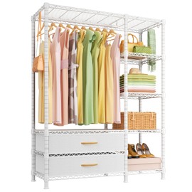 Ulif F3 Heavy Duty Clothes Rack（With Fabric Drawers）Freestanding Clothing Racks for Hanging Clothes，Adjustable Closet Organizer System，Portable Garment Rack 40" W x 15" D x 72" H，Max Load 700LBS，White