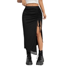 GORGLITTER Women's Bodycon Midi Skirt Mesh Summer Skirt Knee-Length Skirts Tight Skirt with Slit and Drawstring, black