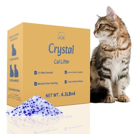 LMJP Crystal Cat Litter with Powerful Odor Control, Non-Clumping, Lasts Up to 4 Months, 17.2lb, Rapid Water Absorption, Unscented & Low Tracking Lightweight Blue & White Silica, 4 Pack of 4.3lb