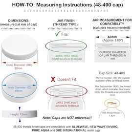 Screw-On Caps Compatible with 1-5 Gallon Bluewave, New Wave Enviro, PureAqua Brand Water Jugs, 48mm Size Bottle Lids, 2pk