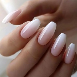 Ztcily Long Coffin False Nails White and Pink, French Naturel Nude False Nails with Glue, Ballerina Press on Nails Women and Girls