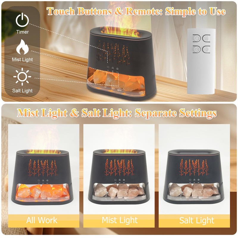 Fireplace Flame Diffuser & Himalayan Salt Lamp, 8 Colors Aromatherapy
