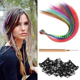 Kit de extensión de plumas de cabello, 13 colores mezclados, kit de extensiones de cabello sintético de plumas (no plumas reales) con 100 cuentas de m