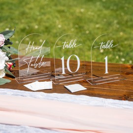 Clear Arch Acrylic Table Numbers for Wedding Reception - 10 Pack 5" x 7" White Font Table Number Centerpiece Set with Holder Stands & Head Table Sign - Anniversary, Event, Party, Wedding Table Numbers 1-10