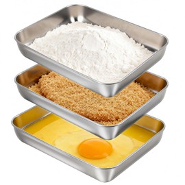 VINATO Set di 3 Vassoi Rettangolari in Acciaio Inox,Teglie per Impanatura in Acciaio Inox,Ciotole per Impanare per Alimenti Come Pangrattato e Farina,25.5x20x4.5cm