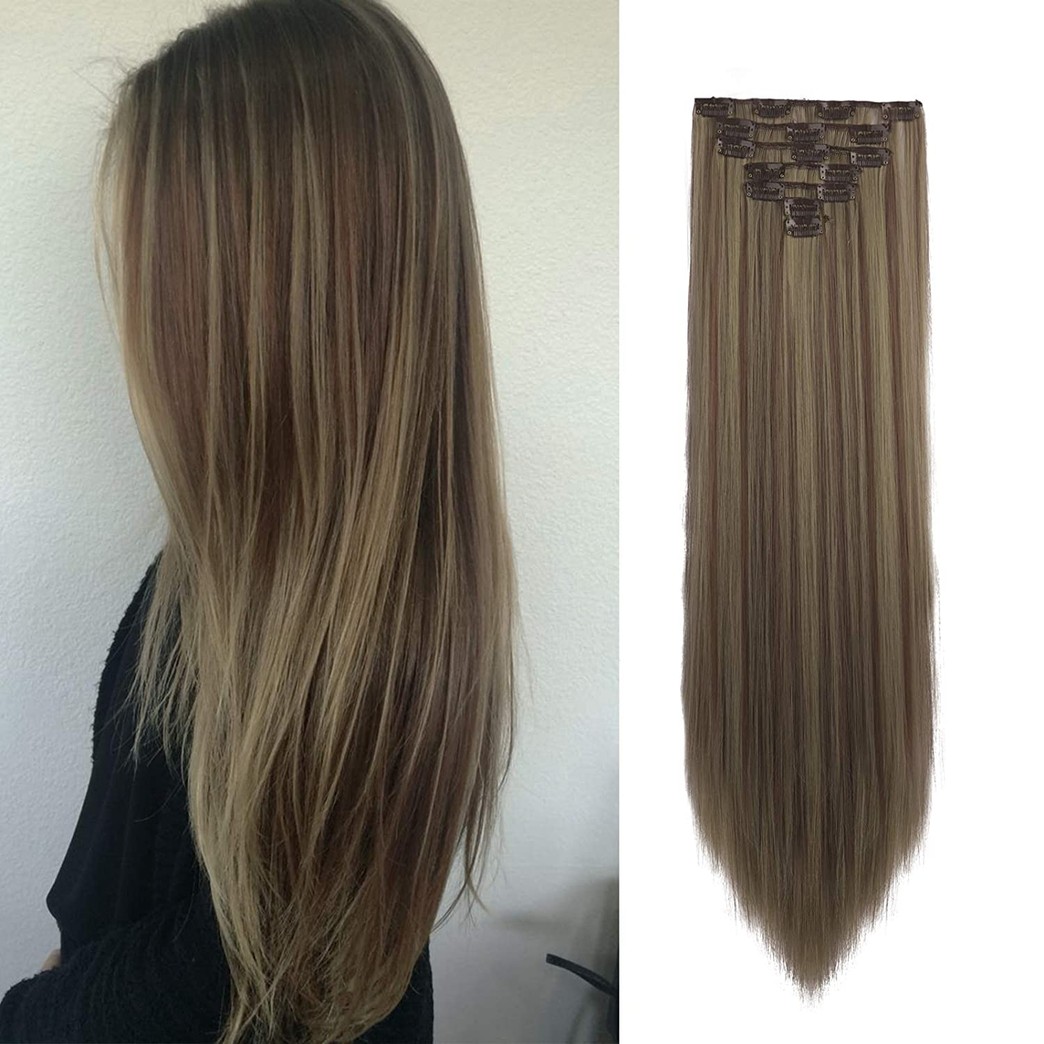 FESHFEN Clip in Hair Extensions 7 PCS Full Head 20 inch Long Straight Synthetic Clip Hair Piece Hairpiece for Women Girls,Brown & Blonde