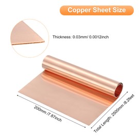sourcing map Copper Sheet Roll 2500mm x 200mm x 0.02mm, 8" x 8.2ft 38 Gauge 99.9% Pure Copper Flashing Strip Metal Foil Plate for Electricity DIY Projects (Multiple Sizes)