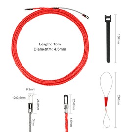 15m Fish Tape Through Wall Cable, 4.5mm Polyester Wire Puller for Laying Cable, Electrical Wire Threader Cable Puller with 2 Guide Springs and 3 Cable Ties