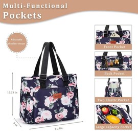 HSHRICH Large Peony Women's Lunch Bag, Insulated Aluminum Lunch Box with Side Pockets, Adjustable Carrying Options, Reusable and Easy to Clean