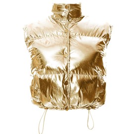 Flygo Women's Winter Crop Vest Metallic Quilted Down Vest Sleeveless Puffer Jacket(Gold-S)