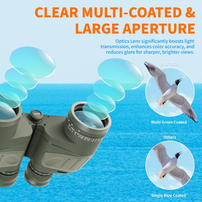 BOSTRON 10X50 Marine Binoculars with Rangefinder Compass, IPX7 Floating Waterproof