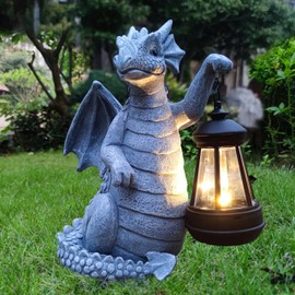 Qobumy Solar Dragon Garden Statue Decoration with Solar Lantern,Dragon Figurine Lights Outdoor Décor for Yard，Lawn,Patio, Balcony, Unique Housewarming Ornament