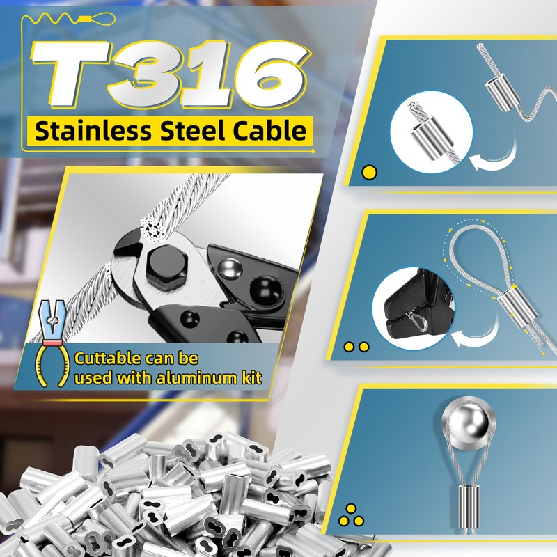 316 Stainless Steel Cable, 400FT 1/32IN Wire Rope with 100Pcs