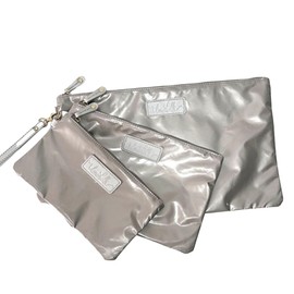 lemonbella Medium Carly Trio Pouch Set 3 Nylon Quilted Metallic Organization Bag with Wristlet - Versatile for Travel, Cosmetics, Tech, and Everyday Essentials, Champagne