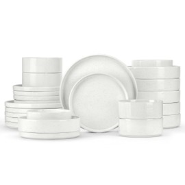 Herogo 24 Piece Dinnerware Sets with Pasta Bowls for 6, Dinner Salad Plates and Cereal Serving Bowls, Stoneware Dishes Dinner Ware for Kitchen Dinning, Dishwasher & Microwave Safe, Speckled White