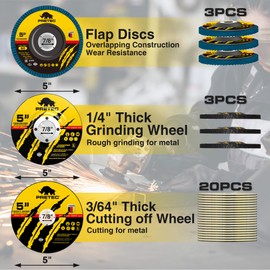 Grinding Cutting Wheels 5 inch Set - PRETEC 5" 20 Cut Off Wheels, 3 Grinding Wheels, and 3 Flap Discs for Angle Grinder Cutting and Grinding 5” x 3/64" x 7/8", 20+3+3 PCS, Brown