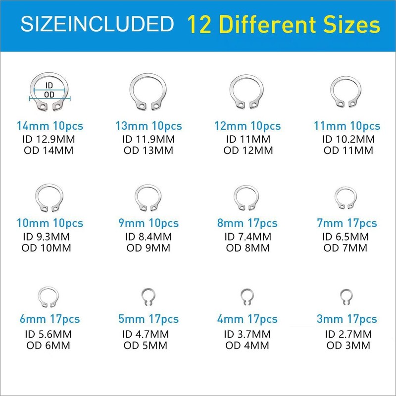 Mariyandh 327Pcs E-Clips Circlip Retaining Rings Assortment Set(1.2mm-10mm) and C-Clips