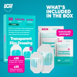 LCH 50 Pack Transparent Film Dressing Waterproof I 2 Sizes: 2.38" x 2.75" & 4" x 4.75" I Waterproof Bandages for Swimming, Second Skin Tattoo Cover, Transparent Dressing Waterproof