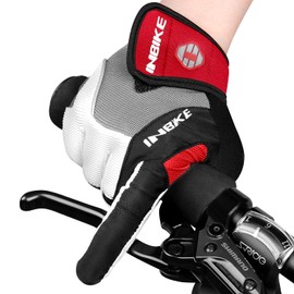 INBIKE Men's Gel Padded Full Finger Touch Screen Bicycle Gloves for Outdoor Cycling (Large Palm Girth 9-9.6 in, Red)