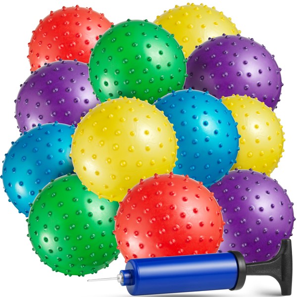 Bedwina Knobby Balls - (Pack of 12) Bulk 5 Inch Sensory Balls and Spiky Massage Stress Balls with Pump, Fun Bouncy Ball Party Favors, Stocking Stuffers for Kids, Toddlers