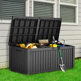 150 Gallon Lockable Deck Box - Waterproof Outdoor Storage Bench for Patio Furniture, All-Weather Resin Storage Chest with UV Protection for Cushions, Garden Tools & Outdoor Essentials (Black)