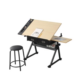 Height Adjustable Drafting Table with Tilting Tabletop, Artist Desk for Drawing and Watercolor Paintings, Includes 2 Storage Drawers and Stool - Perfect Work Station for Home Office
