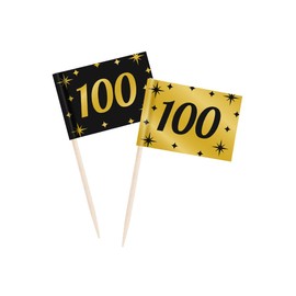 Jesters Party 100 Number Cocktail Picks - 50pcs Classy Party Toothpicks for 100th Birthday Party and Celebrations - Black and Gold Cocktail Sticks for Food Decorations