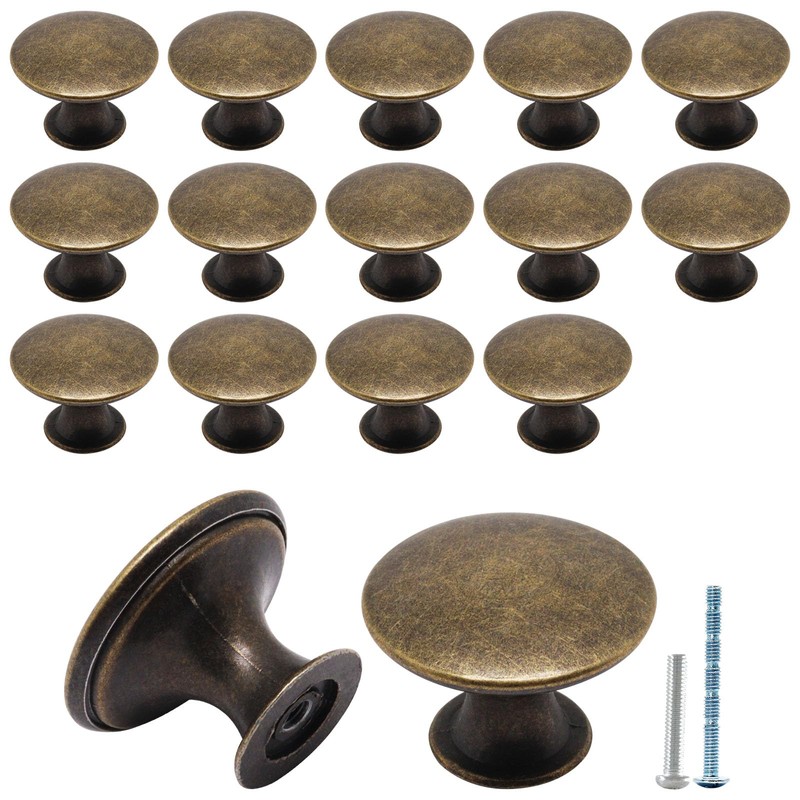 SWZHAI 16 Pack Antique Brass Cabinet Knobs, Round Dresser Knobs