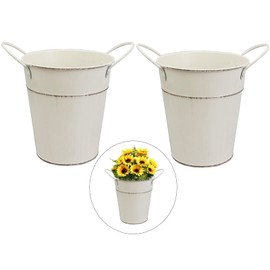 Pack of 2 Vintage Flower Pot, Country House Style, Metal Flower Vase, for Garden Flower Arrangement, Living Room Ornament, Small Parts Storage (Vintage Beige)
