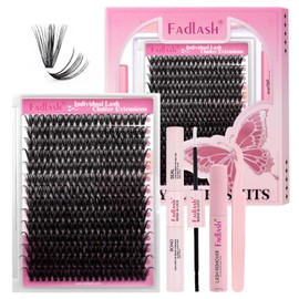 FADLASH DIY Lash Extensions Kit, 40D 0.07 D Curl Lash Clusters Individual, Bond and Seal, Remover and Tweezers for Beginners (40D, 8-16mm)