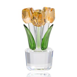 K9 Crystal Gold Tulips Flowers Bouquet Collectible Gifts for Women Wife on Anniversary Wedding Christmas Valentines Mothers Day, Glass Tulips Flowers Figurines for Home Office Decor