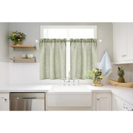 MIULEE Linen Textured Kitchen Window Curtains over Sink 24 Inch Length Semi Sheer Farmhouse Small Small Curtains for Cafe Bathroom Basement, Short Rod Pocket Tier Curtains 2 Panels W26XL24, Sage Green