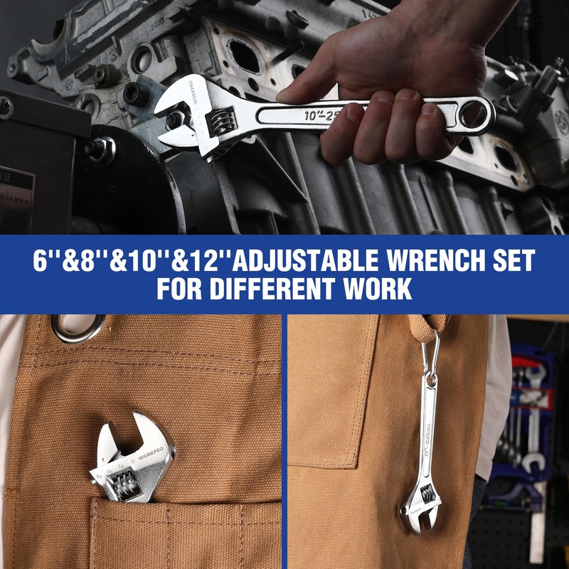 WORKPRO 4-piece Adjustable Wrench Set, Forged, Heat Treated, Chrome-plated (6-inch,